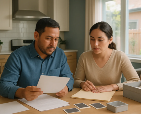 Couple organizing evidence for marriage fraud green card removal defense in San Antonio