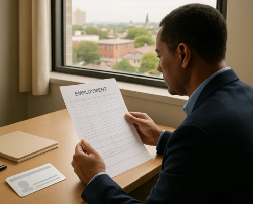 Green card holder reviewing a blank I-9 form in San Antonio, Texas