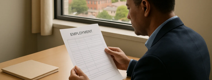 Green card holder reviewing a blank I-9 form in San Antonio, Texas